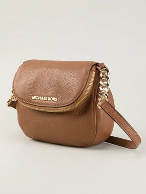 Michael Kors Brown Bedford Pebbled Leather Cross-Body Bag with Gold Chain Trim